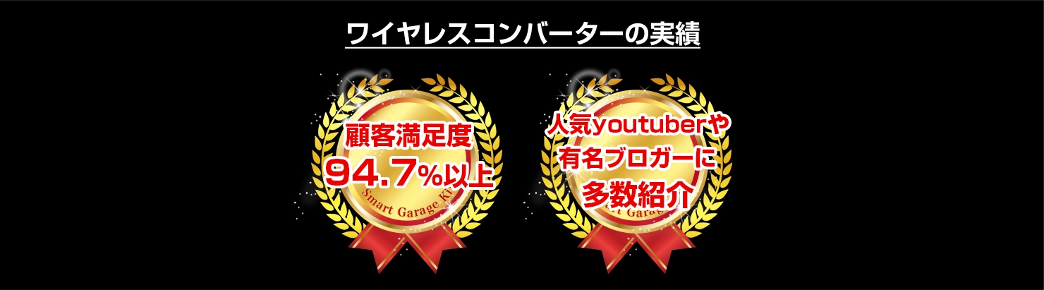 スマートガレージ ワイヤレスコンバーターの実績 顧客満足度94.7%以上 人気yuotuberや有名ブロガーに多数紹介