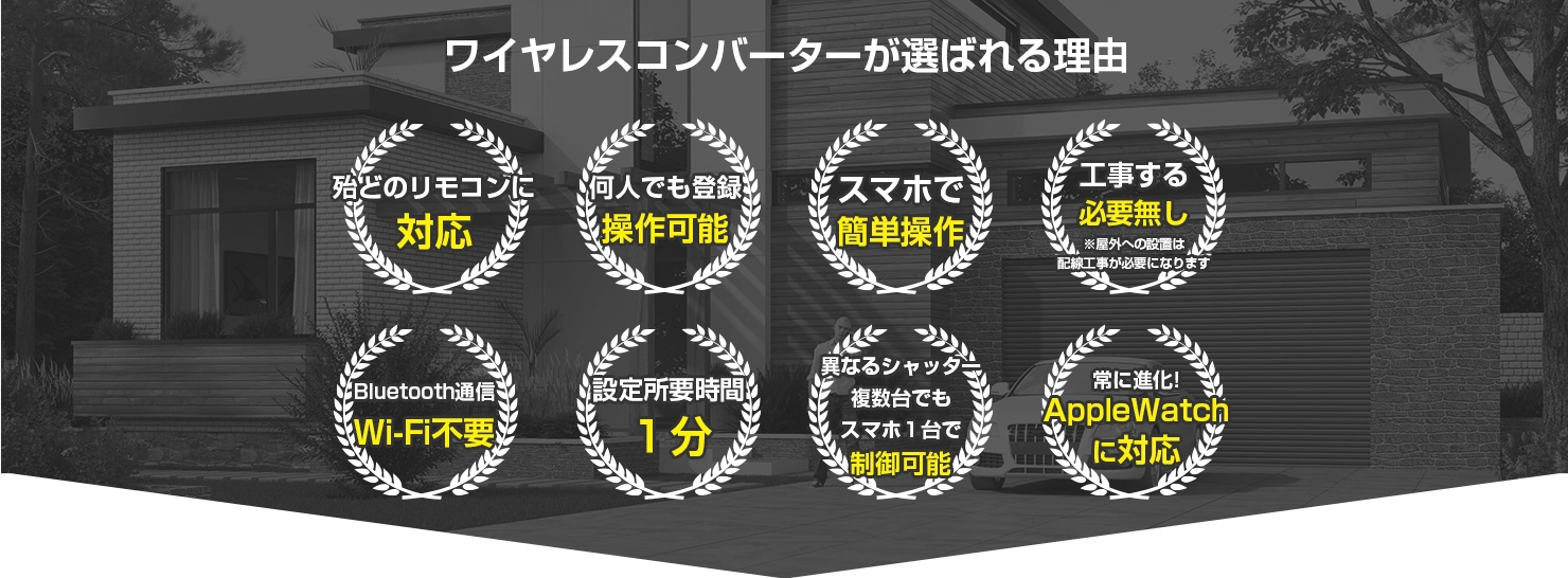 ワイヤレスコンバータが選ばれる理由 殆どのリモコンに対応 何人でも登録 操作可能 スマホで簡単操作 工事する必要なし※屋外への設置は配線工事が必要になります Bluetooth通信 Wi-Fi不要 設定所要時間1分 異なるシャッター 複数台でもスマホ1台で制御可能